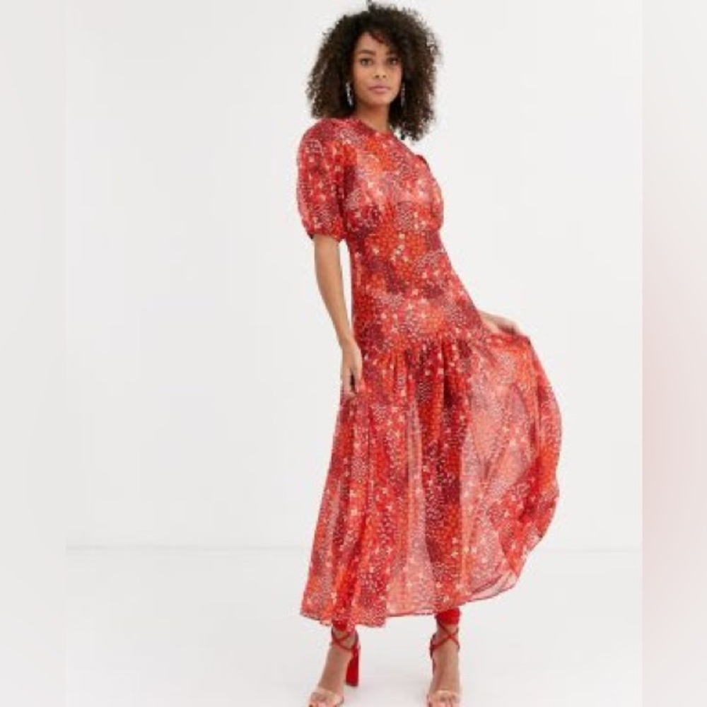Never Fully Dressed puff sleeve midi dress in red floral print